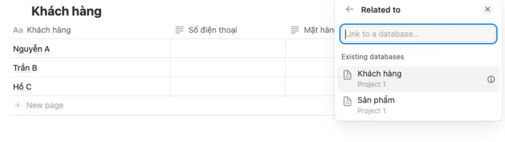 Chọn bảng cần tạo liên hệ