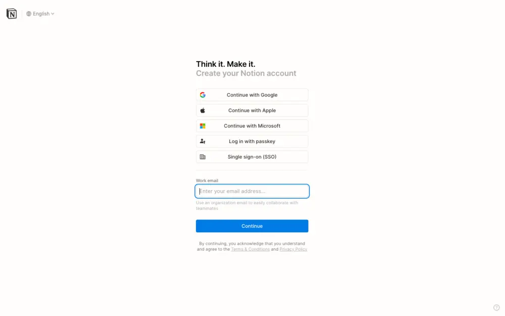 Có thể đăng nhập Notion thông qua Apple, Email hoặc Microsoft