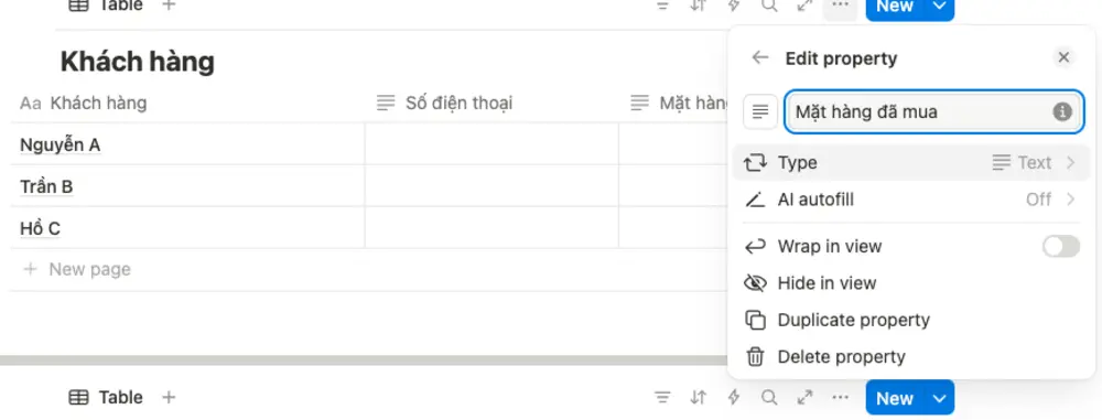 Đặt tên cho cột mới được tạo