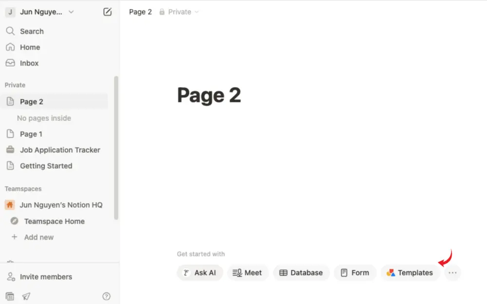Người dùng có thể sử dụng các templates nội dung có sẵn của Notion
