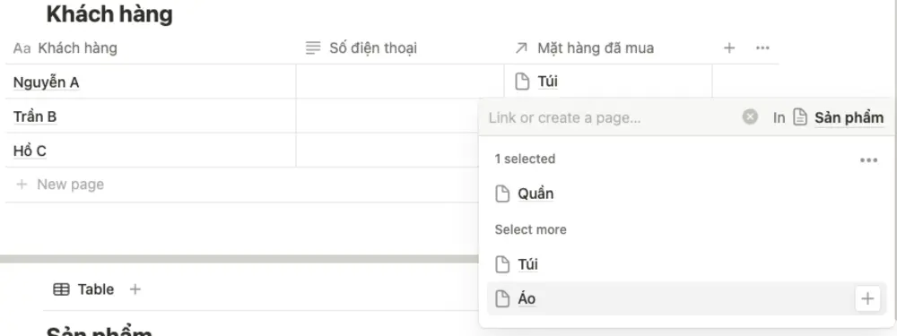 Thông tin ở cột “Sản phẩm” sẽ được tự động xuất hiện trong cột “Mặt hàng đã mua”